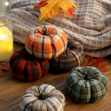 (red) Halloween Decorations Plaid Fabric Pumpkin Ornaments Fall Harvest Thanksgiving Farmhouse Table Decor Set of 3