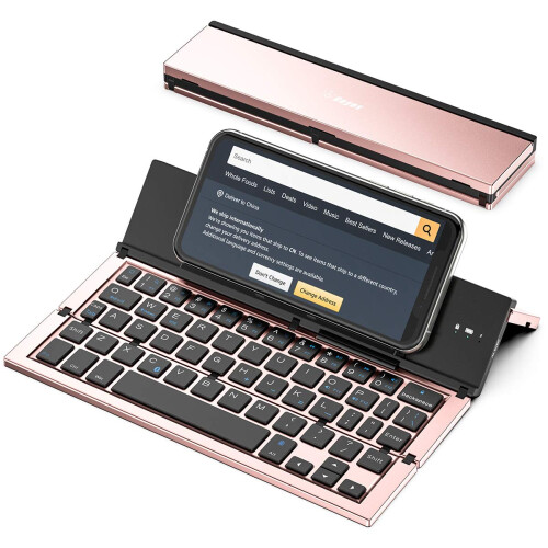 Geyes Foldable Bluetooth Keyboard,Portable Folding Wireless USB Rechargeable Keyboard for iOS,Android,Windows,Smartphone(Rose Gold)