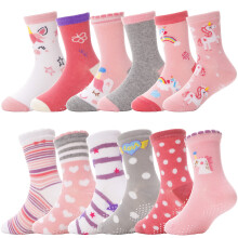 Baby Girls Toddlers Grips Socks Kids Non Slip/Anti Skid Unicorn Striped Crew Cotton Socks 12 Pairs Gift Stocking Fillers(Girl's-Unicorn Pink(12 Pairs)