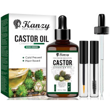 Kanzy Castor Oil for Eyelashes and Eyebrows 50ml Cold Pressed for Hair Growth 100% Natural and Pure with Brushes for Hair, Beard, Nails, and Skin