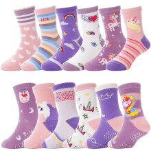 Baby Girls Toddlers Grips Socks Kids Non Slip/Anti Skid Unicorn Striped Crew Cotton Socks 12 Pairs Gift Stocking Fillers(Girl's Unicorn Purple(12