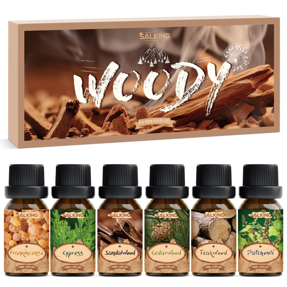Salking Woody Essential Oils Set, 100% Pure Fragrance Oil Aromatherapy Gift Set, Premium Scented Oils For Oil Diffusers 6 X 10 Ml - Frankincense, Teakwood,
