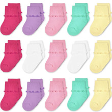 Baby Girls Socks Toddler Frilly Cotton Pink, White, Yellow Multicolor Soft Elastic School & Dance 15 Pairs for 0-1 Years