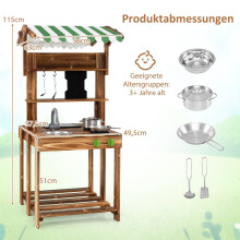 Houten speelkeuken voor buiten met spoelbak en schoolbord.