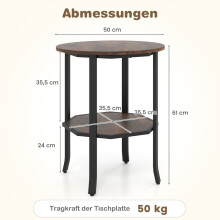 Ronde bijzettafel met twee niveaus en een plank, rustiek bruin