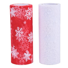 Jomnvo 2 Rolls Christmas Snowflake Tulle Roll Red White Tulle Rolls Sheer Fabric Spool Ribbon Glitter Organza Snowflake Gauze for Christmas Decor Gift