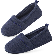 Ladies' Memory Foam Comfort Cotton Knit House Shoes Light Weight Terry Cloth Loafer Slippers with Anti-Skid Rubber Sole, Navy Blue, 8 UK
