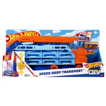 City Speed Drop Transport Hauler, Includes 1 Hot Wheels Car, Can Hold More than 20 1:64 Scale Vehicles, Transforms into 2-Foot Tall Gravity Drop, Gift