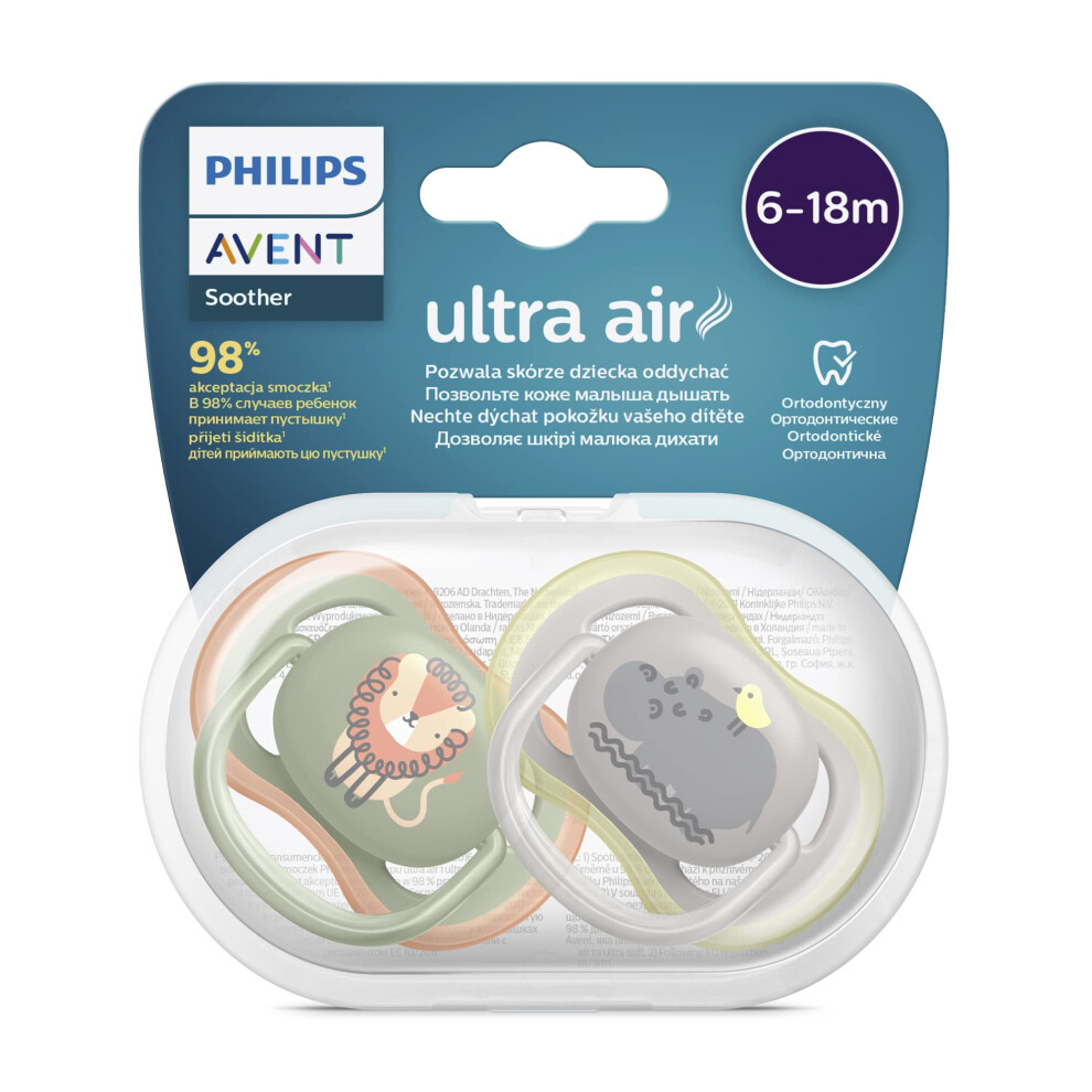 Avent Philips Ultra Air Soother 2 Pack - Bpa-Free Soother For Babies Aged 6-18 Months (Model Scf085/17) Lion/Hippo