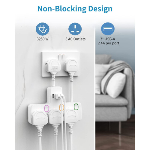 Multi Plug Extension 3 Way 3 USB with Flexible Plug, Mscien Individual Switched Socket Extension Adapter, Plug Extension Adapter 1