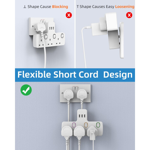 Multi Plug Extension 3 Way 3 USB with Flexible Plug, Mscien Individual Switched Socket Extension Adapter, Plug Extension Adapter 2