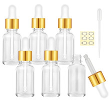 6Pcs, 10ml Transparent Glass Bottles with Dropper Pipettes, Empty Dropper Bottles Gold Aluminum Alloy Cap Refillable Sample Container for Essential