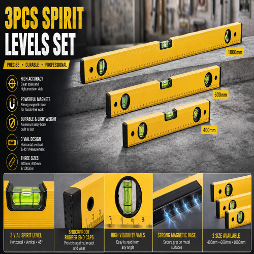 3pcs Spirit Level Set Aluminium DIY Builder Tools