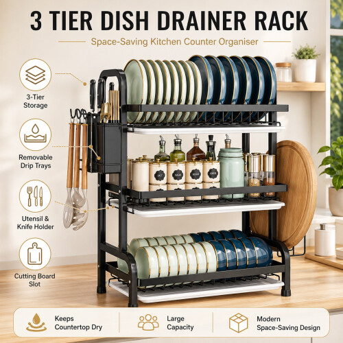 3-Tier White Dish Drainer Rack with Drip Tray