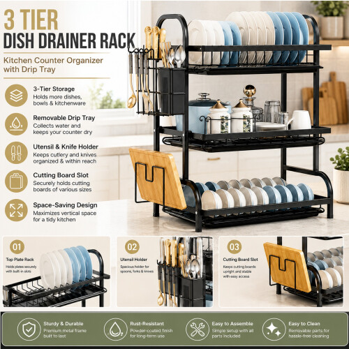 3-Tier Black Dish Drying Rack Drip Tray 3 Tier Set