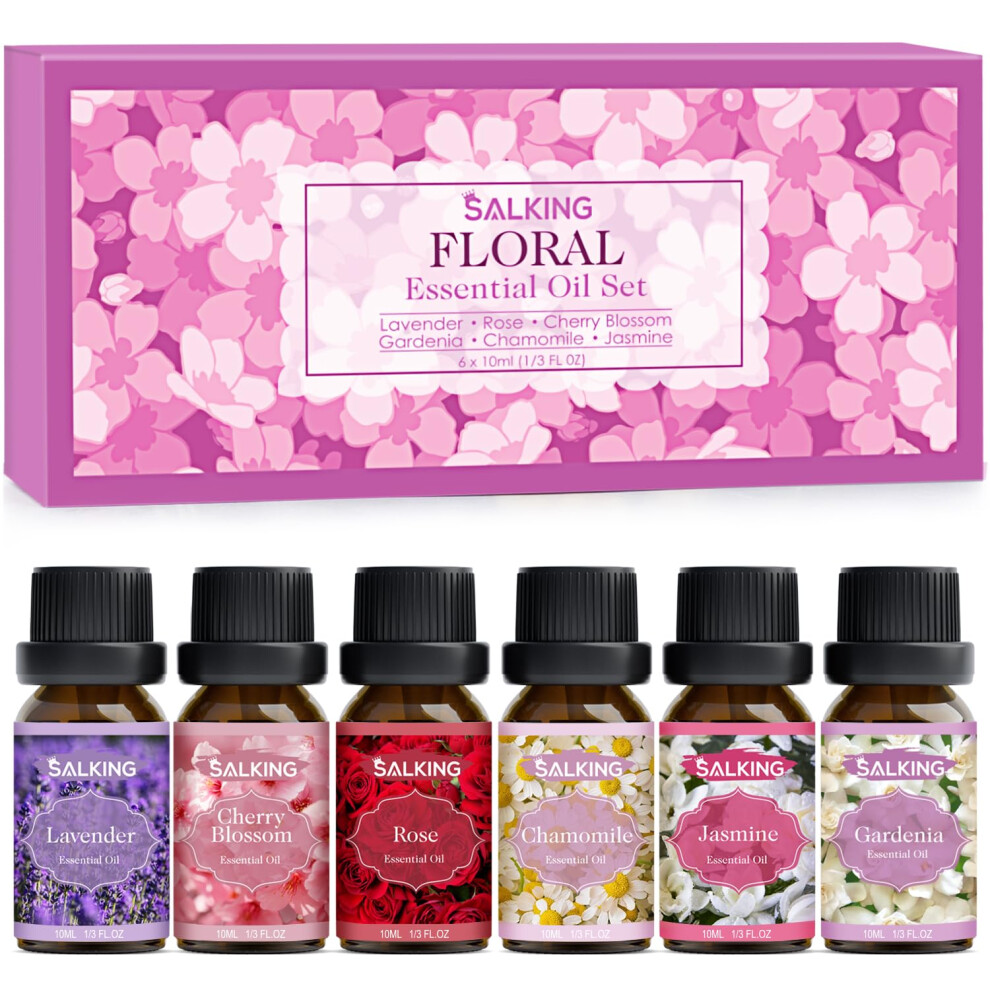 Salking Essential Oils Set, 100% Pure Fragrance Oil Aromatherapygift, Premium Scented Oils For Diffusers 6 X 10 Ml - Lavender, Rose, Jasmine, Cherry Blossom,