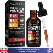 Vitamin B12 B6 B1 Liquid Drops Vitamin B Complex 60ml B3 Niacin Folate Raspberry