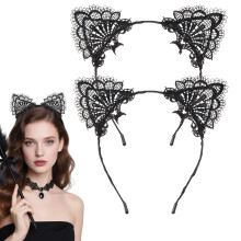 Black Cat Ears Headband Women Ears Costume Soft Kitty Ears Headband 2 PCS for Cosplay Halloween Christmas Party Daily Decoration (lace)