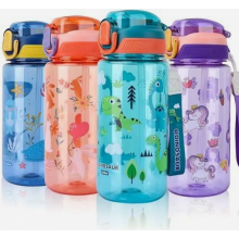 Botella de agua para niños de 600 ml, botella para beber sin BPA con pajita, tapa abatible a prueba de fugas, diseño de dinosaurio verde par