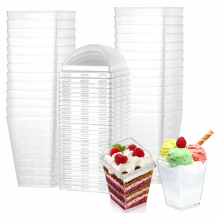 Paquete de 50 vasos de postre de 160 ml con tapa, vasos cuadrados reutilizables para servir pudines, mousses y fiestas.