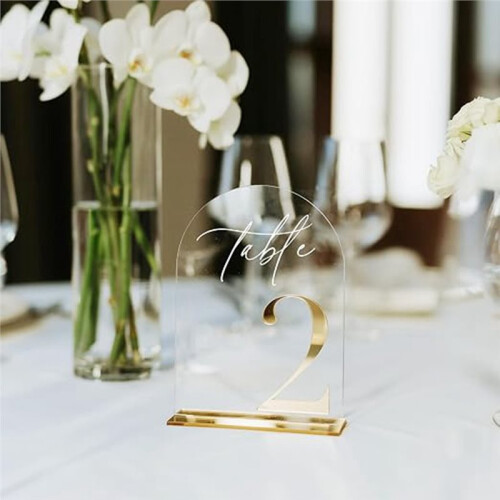 Números de Mesa de Casamento Acrílicos 1-10, Placas Arqueadas de 5x7 Polegadas com Suportes Dourados para Recepção 1