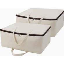 Set van 2 zachte, natuurlijke katoenen canvas opbergtassen met handvatten en een ritssluiting aan drie zijden, ideaal voor kleding, dekens,
