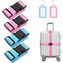 Set van 4 verstelbare antislip bagagebanden met 2 bagagelabels, veilige reisbanden voor koffers, roze en blauw