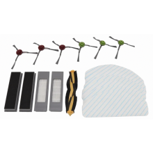 Vervangende accessoirekit voor robotstofzuiger, bestaande uit de hoofdborstel, filter en dweil, duurzame reinigingsonderdelen.