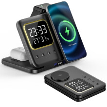 3-in-1-Wireless-Ladegerät, 15-W-Ladestation, kompatibel mit iPhone/Apple Watch, AirPods und Wecker