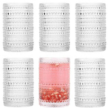 Hobnail Drinking Glasses Set of 6 - 13 oz Vintage Embossed Juice & Water Glassware for Kitchen and Bar