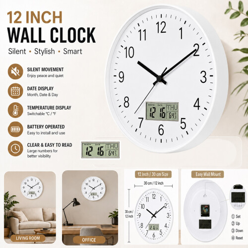12 Inch Silent Wall Clock with LCD Date Day Temperature White