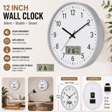 12in Round Wall Clock Silent Quartz Sweep Movement