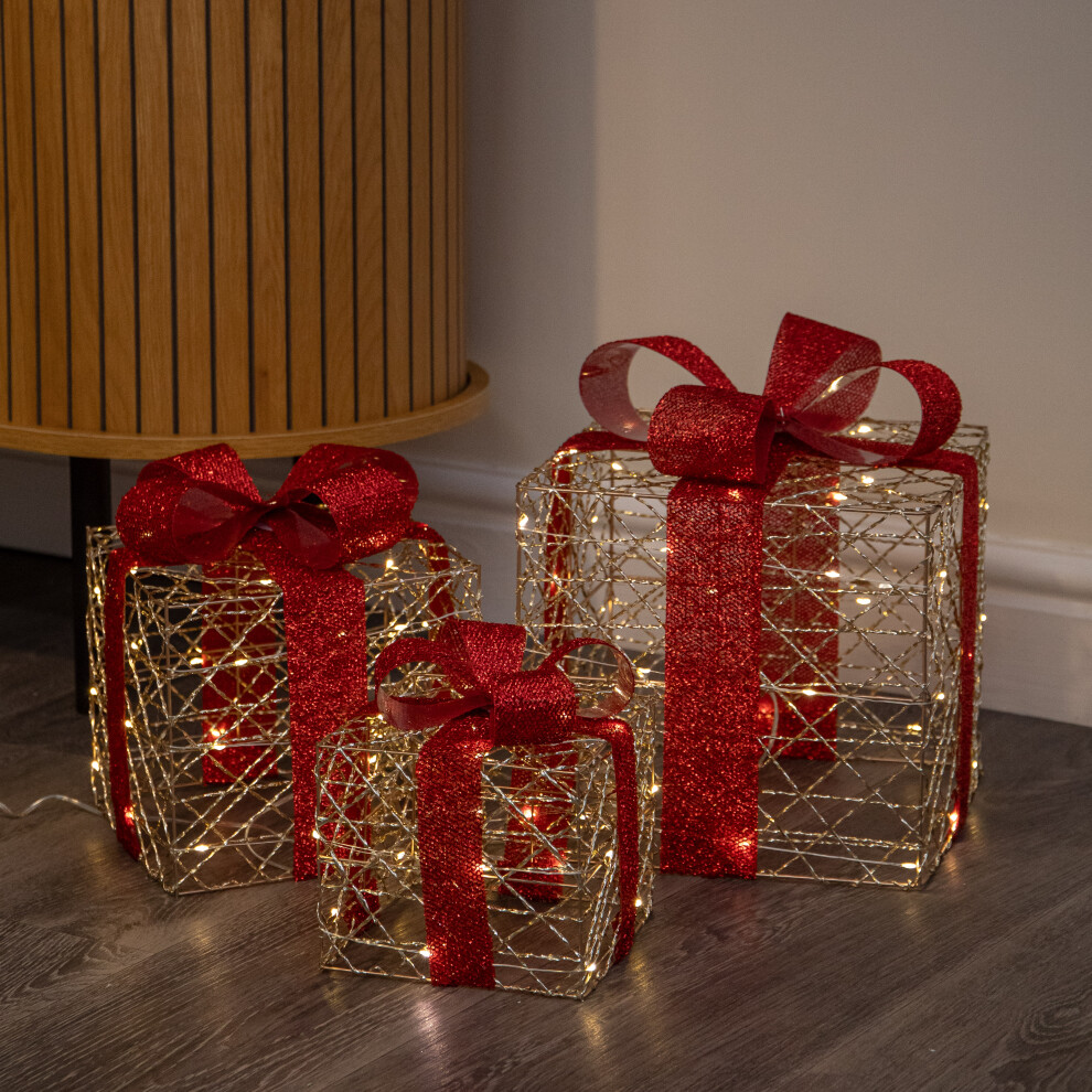 Premier Set Of 3 Gold Light Up Christmas Parcels 90 Warm White Led
