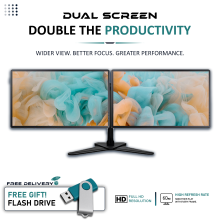 Dual Monitor Screen Setup Bundle DELL 2 x 24" FULL HD 1920x1080 HDMI + New Stand - Refurbished