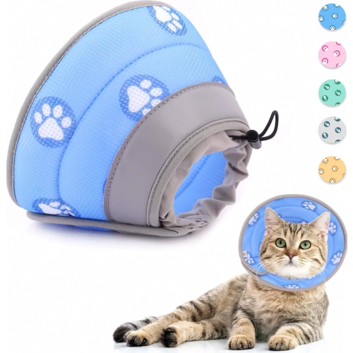 Adjustable Cat Recovery Collar, Soft Post Surgery Cone for Cats, Blue, Small Neck 14-24 cm