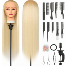 26 Inch Mannequin Training Head Synthetic Fiber Hair Styling Head for Hairdressers with Clamp and DIY Braiding Kit, Blon