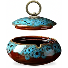 Ceramic Ashtray with Lid, Indoor and Outdoor Cigarette Holder, Desk Decor for Home and Office, Blue