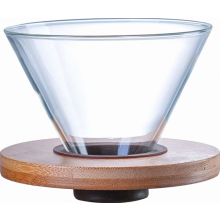 Transparent Glass Coffee Dripper with Wooden Base, Pour Over Filter Cone for Home Brewing