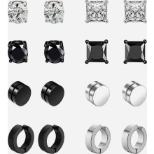 8 Pairs Stainless Steel Magnetic Earrings for Men Women Girls, Non Piercing Clip On Hoop Earrings with CZ, Black Metal E