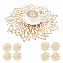 Gold Round Placemats and Coasters, 8-Piece Set, Wipeable 38 cm Table Mats for Christmas, Banquets, Birthdays and Wedding