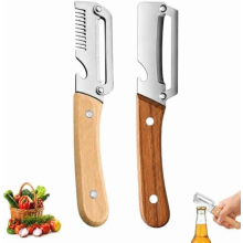 Multifunctional Stainless Steel Vegetable Peeler with Wooden Handle, 3-in-1 Kitchen Peeler with Julienne Slicer and Bott
