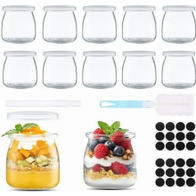 Set di 12 vasetti trasparenti da 200 ml con coperchio, ideali per yogurt, dessert, marmellate, miele e candele.
