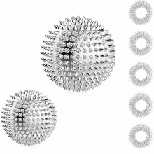 Conjunto de 2 bolas de massagem e 5 anéis de acupressão para os dedos, bolas de metal para acupressão de 32 mm e 47 mm, prateadas, para alív