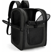 Mochila transportadora para cães e gatos, preta, em tela respirável, base resistente, interior espaçoso, costas acolchoadas e alças largas.