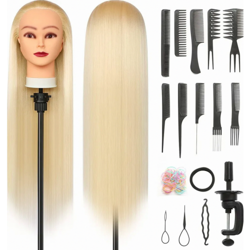 Cabeça de treinamento de manequim de 66 cm (26 polegadas) em fibra sintética para penteados, com presilha e kit para tranças faça você mesmo