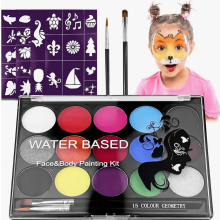Kit de pintura facial e corporal infantil, 15 cores laváveis, 2 pincéis e 40 estênceis para maquiagem de carnaval, fantasias e Halloween.