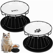 Conjunto de 2 comedouros elevados de cerâmica para gatos com tapete de silicone e suporte de metal, 15 cm de diâmetro, ideais para alimentar