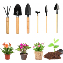 Conjunto de Mini Ferramentas de Jardim, 6 Peças: Mini Pá de Mão, Pá, Enxada e Ancinho com Cabos de Madeira para Bonsai e Plantas Pequenas.