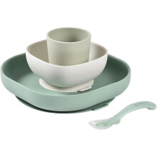 Set di Posate per Bambini BÉABA in Silicone con Ventosa - 4 Pezzi Verde Salvia