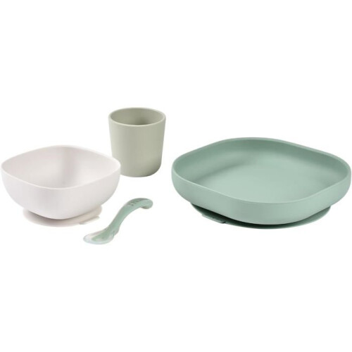 BEABA Set di Posate per Bambini BÉABA in Silicone con Ventosa - 4 Pezzi Verde Salvia 1
